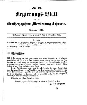 Regierungsblatt für Mecklenburg-Schwerin (Großherzoglich-Mecklenburg-Schwerinsches officielles Wochenblatt) Samstag 3. Dezember 1853