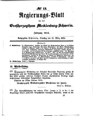 Regierungsblatt für Mecklenburg-Schwerin (Großherzoglich-Mecklenburg-Schwerinsches officielles Wochenblatt) Dienstag 21. März 1854