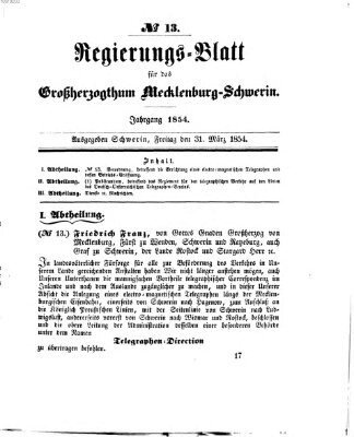 Regierungsblatt für Mecklenburg-Schwerin (Großherzoglich-Mecklenburg-Schwerinsches officielles Wochenblatt) Freitag 31. März 1854