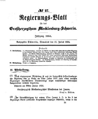 Regierungsblatt für Mecklenburg-Schwerin (Großherzoglich-Mecklenburg-Schwerinsches officielles Wochenblatt) Samstag 15. Juli 1854