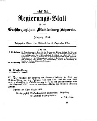 Regierungsblatt für Mecklenburg-Schwerin (Großherzoglich-Mecklenburg-Schwerinsches officielles Wochenblatt) Mittwoch 6. September 1854