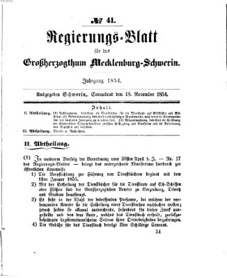 Regierungsblatt für Mecklenburg-Schwerin (Großherzoglich-Mecklenburg-Schwerinsches officielles Wochenblatt) Samstag 18. November 1854