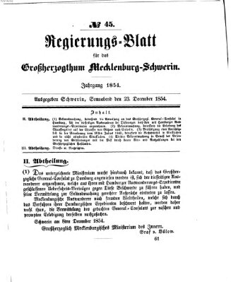 Regierungsblatt für Mecklenburg-Schwerin (Großherzoglich-Mecklenburg-Schwerinsches officielles Wochenblatt) Samstag 23. Dezember 1854