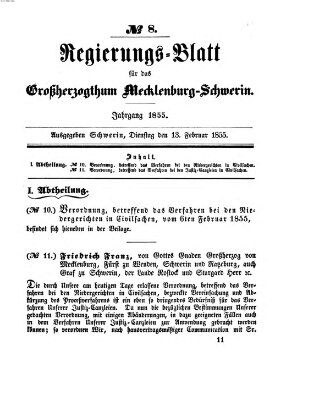 Regierungsblatt für Mecklenburg-Schwerin (Großherzoglich-Mecklenburg-Schwerinsches officielles Wochenblatt) Dienstag 13. Februar 1855