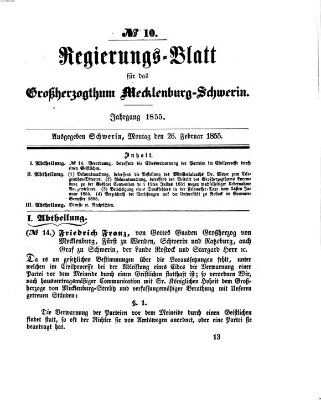 Regierungsblatt für Mecklenburg-Schwerin (Großherzoglich-Mecklenburg-Schwerinsches officielles Wochenblatt) Montag 26. Februar 1855