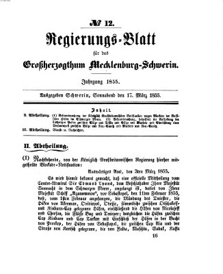 Regierungsblatt für Mecklenburg-Schwerin (Großherzoglich-Mecklenburg-Schwerinsches officielles Wochenblatt) Samstag 17. März 1855