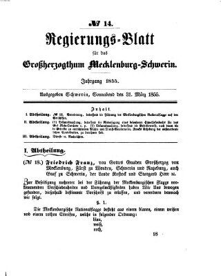 Regierungsblatt für Mecklenburg-Schwerin (Großherzoglich-Mecklenburg-Schwerinsches officielles Wochenblatt) Samstag 31. März 1855