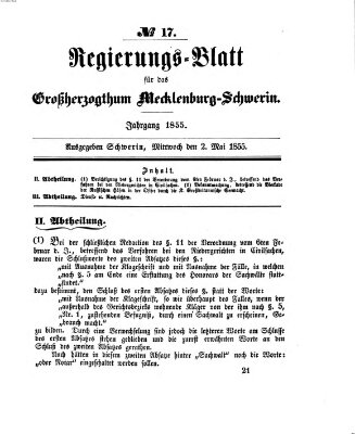 Regierungsblatt für Mecklenburg-Schwerin (Großherzoglich-Mecklenburg-Schwerinsches officielles Wochenblatt) Mittwoch 2. Mai 1855