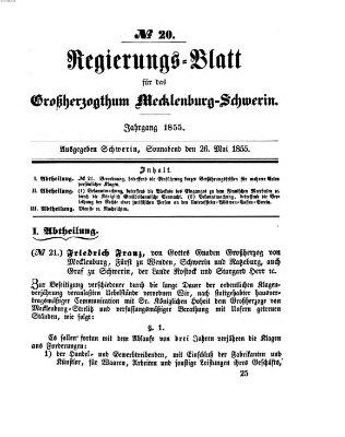 Regierungsblatt für Mecklenburg-Schwerin (Großherzoglich-Mecklenburg-Schwerinsches officielles Wochenblatt) Samstag 26. Mai 1855