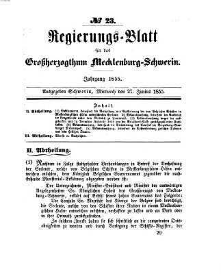 Regierungsblatt für Mecklenburg-Schwerin (Großherzoglich-Mecklenburg-Schwerinsches officielles Wochenblatt) Mittwoch 27. Juni 1855