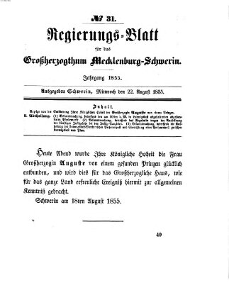 Regierungsblatt für Mecklenburg-Schwerin (Großherzoglich-Mecklenburg-Schwerinsches officielles Wochenblatt) Mittwoch 22. August 1855