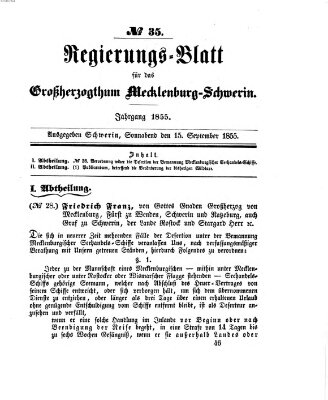 Regierungsblatt für Mecklenburg-Schwerin (Großherzoglich-Mecklenburg-Schwerinsches officielles Wochenblatt) Samstag 15. September 1855