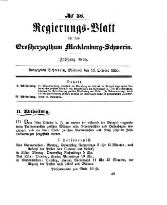 Regierungsblatt für Mecklenburg-Schwerin (Großherzoglich-Mecklenburg-Schwerinsches officielles Wochenblatt) Mittwoch 10. Oktober 1855