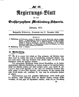 Regierungsblatt für Mecklenburg-Schwerin (Großherzoglich-Mecklenburg-Schwerinsches officielles Wochenblatt) Samstag 17. November 1855