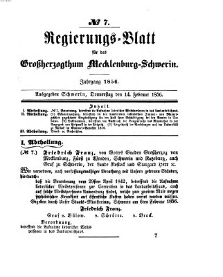 Regierungsblatt für Mecklenburg-Schwerin (Großherzoglich-Mecklenburg-Schwerinsches officielles Wochenblatt) Donnerstag 14. Februar 1856