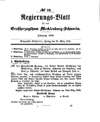 Regierungsblatt für Mecklenburg-Schwerin (Großherzoglich-Mecklenburg-Schwerinsches officielles Wochenblatt) Freitag 28. März 1856