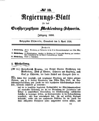 Regierungsblatt für Mecklenburg-Schwerin (Großherzoglich-Mecklenburg-Schwerinsches officielles Wochenblatt) Samstag 5. April 1856