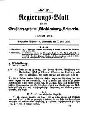 Regierungsblatt für Mecklenburg-Schwerin (Großherzoglich-Mecklenburg-Schwerinsches officielles Wochenblatt) Samstag 3. Mai 1856