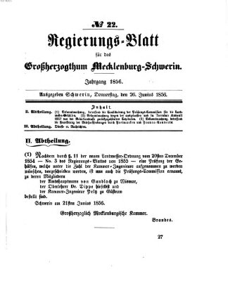 Regierungsblatt für Mecklenburg-Schwerin (Großherzoglich-Mecklenburg-Schwerinsches officielles Wochenblatt) Donnerstag 26. Juni 1856