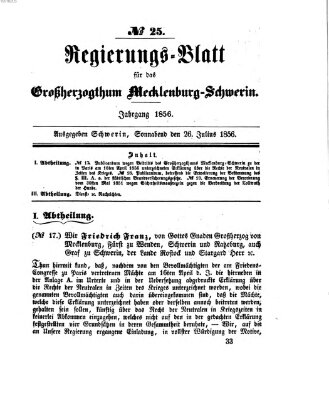 Regierungsblatt für Mecklenburg-Schwerin (Großherzoglich-Mecklenburg-Schwerinsches officielles Wochenblatt) Samstag 26. Juli 1856