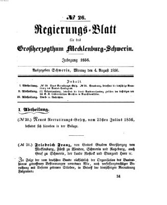 Regierungsblatt für Mecklenburg-Schwerin (Großherzoglich-Mecklenburg-Schwerinsches officielles Wochenblatt) Montag 4. August 1856