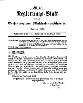 Regierungsblatt für Mecklenburg-Schwerin (Großherzoglich-Mecklenburg-Schwerinsches officielles Wochenblatt) Samstag 16. August 1856