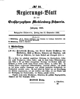 Regierungsblatt für Mecklenburg-Schwerin (Großherzoglich-Mecklenburg-Schwerinsches officielles Wochenblatt) Freitag 12. September 1856