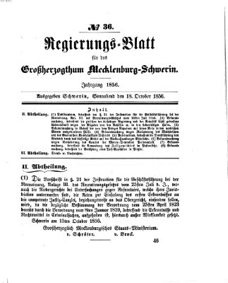 Regierungsblatt für Mecklenburg-Schwerin (Großherzoglich-Mecklenburg-Schwerinsches officielles Wochenblatt) Samstag 18. Oktober 1856