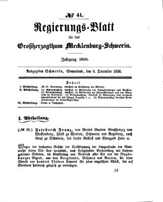 Regierungsblatt für Mecklenburg-Schwerin (Großherzoglich-Mecklenburg-Schwerinsches officielles Wochenblatt) Samstag 6. Dezember 1856