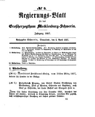 Regierungsblatt für Mecklenburg-Schwerin (Großherzoglich-Mecklenburg-Schwerinsches officielles Wochenblatt) Samstag 4. April 1857