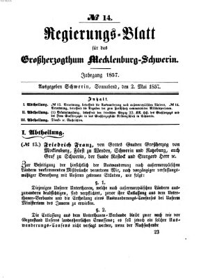 Regierungsblatt für Mecklenburg-Schwerin (Großherzoglich-Mecklenburg-Schwerinsches officielles Wochenblatt) Samstag 2. Mai 1857