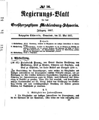 Regierungsblatt für Mecklenburg-Schwerin (Großherzoglich-Mecklenburg-Schwerinsches officielles Wochenblatt) Samstag 23. Mai 1857