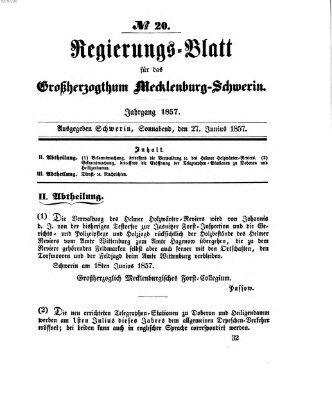 Regierungsblatt für Mecklenburg-Schwerin (Großherzoglich-Mecklenburg-Schwerinsches officielles Wochenblatt) Samstag 27. Juni 1857