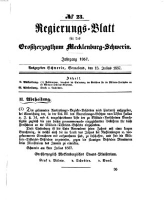 Regierungsblatt für Mecklenburg-Schwerin (Großherzoglich-Mecklenburg-Schwerinsches officielles Wochenblatt) Samstag 18. Juli 1857