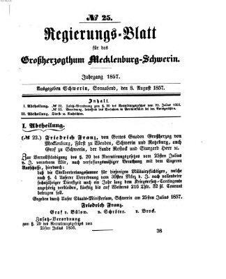 Regierungsblatt für Mecklenburg-Schwerin (Großherzoglich-Mecklenburg-Schwerinsches officielles Wochenblatt) Mittwoch 8. Juli 1857