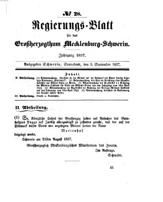 Regierungsblatt für Mecklenburg-Schwerin (Großherzoglich-Mecklenburg-Schwerinsches officielles Wochenblatt) Samstag 5. September 1857