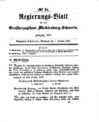 Regierungsblatt für Mecklenburg-Schwerin (Großherzoglich-Mecklenburg-Schwerinsches officielles Wochenblatt) Mittwoch 7. Oktober 1857