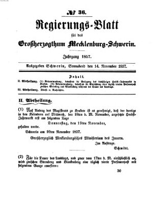 Regierungsblatt für Mecklenburg-Schwerin (Großherzoglich-Mecklenburg-Schwerinsches officielles Wochenblatt) Samstag 14. November 1857