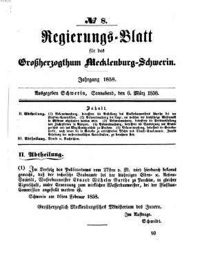 Regierungsblatt für Mecklenburg-Schwerin (Großherzoglich-Mecklenburg-Schwerinsches officielles Wochenblatt) Samstag 6. März 1858