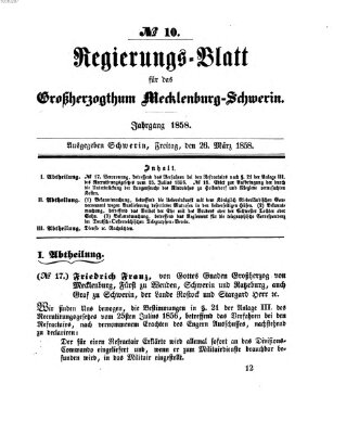 Regierungsblatt für Mecklenburg-Schwerin (Großherzoglich-Mecklenburg-Schwerinsches officielles Wochenblatt) Freitag 26. März 1858
