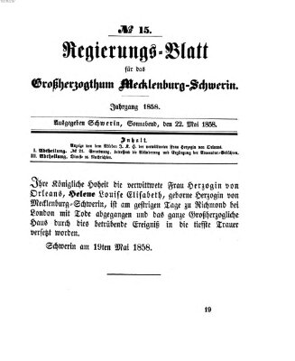 Regierungsblatt für Mecklenburg-Schwerin (Großherzoglich-Mecklenburg-Schwerinsches officielles Wochenblatt) Samstag 22. Mai 1858