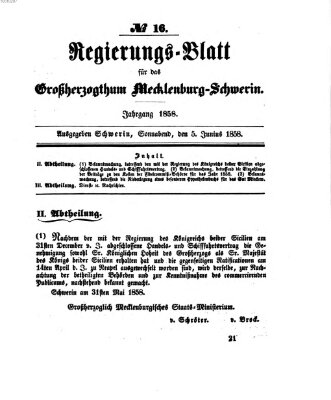 Regierungsblatt für Mecklenburg-Schwerin (Großherzoglich-Mecklenburg-Schwerinsches officielles Wochenblatt) Samstag 5. Juni 1858