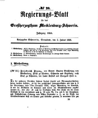 Regierungsblatt für Mecklenburg-Schwerin (Großherzoglich-Mecklenburg-Schwerinsches officielles Wochenblatt) Samstag 3. Juli 1858