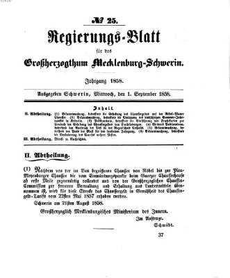 Regierungsblatt für Mecklenburg-Schwerin (Großherzoglich-Mecklenburg-Schwerinsches officielles Wochenblatt) Mittwoch 1. September 1858