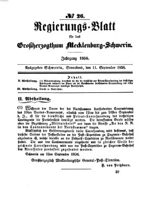 Regierungsblatt für Mecklenburg-Schwerin (Großherzoglich-Mecklenburg-Schwerinsches officielles Wochenblatt) Samstag 11. September 1858