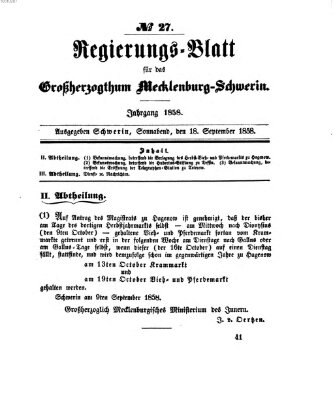 Regierungsblatt für Mecklenburg-Schwerin (Großherzoglich-Mecklenburg-Schwerinsches officielles Wochenblatt) Samstag 18. September 1858