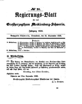 Regierungsblatt für Mecklenburg-Schwerin (Großherzoglich-Mecklenburg-Schwerinsches officielles Wochenblatt) Samstag 25. September 1858