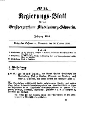 Regierungsblatt für Mecklenburg-Schwerin (Großherzoglich-Mecklenburg-Schwerinsches officielles Wochenblatt) Samstag 30. Oktober 1858