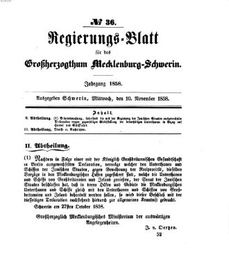 Regierungsblatt für Mecklenburg-Schwerin (Großherzoglich-Mecklenburg-Schwerinsches officielles Wochenblatt) Mittwoch 10. November 1858