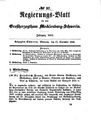 Regierungsblatt für Mecklenburg-Schwerin (Großherzoglich-Mecklenburg-Schwerinsches officielles Wochenblatt) Mittwoch 17. November 1858